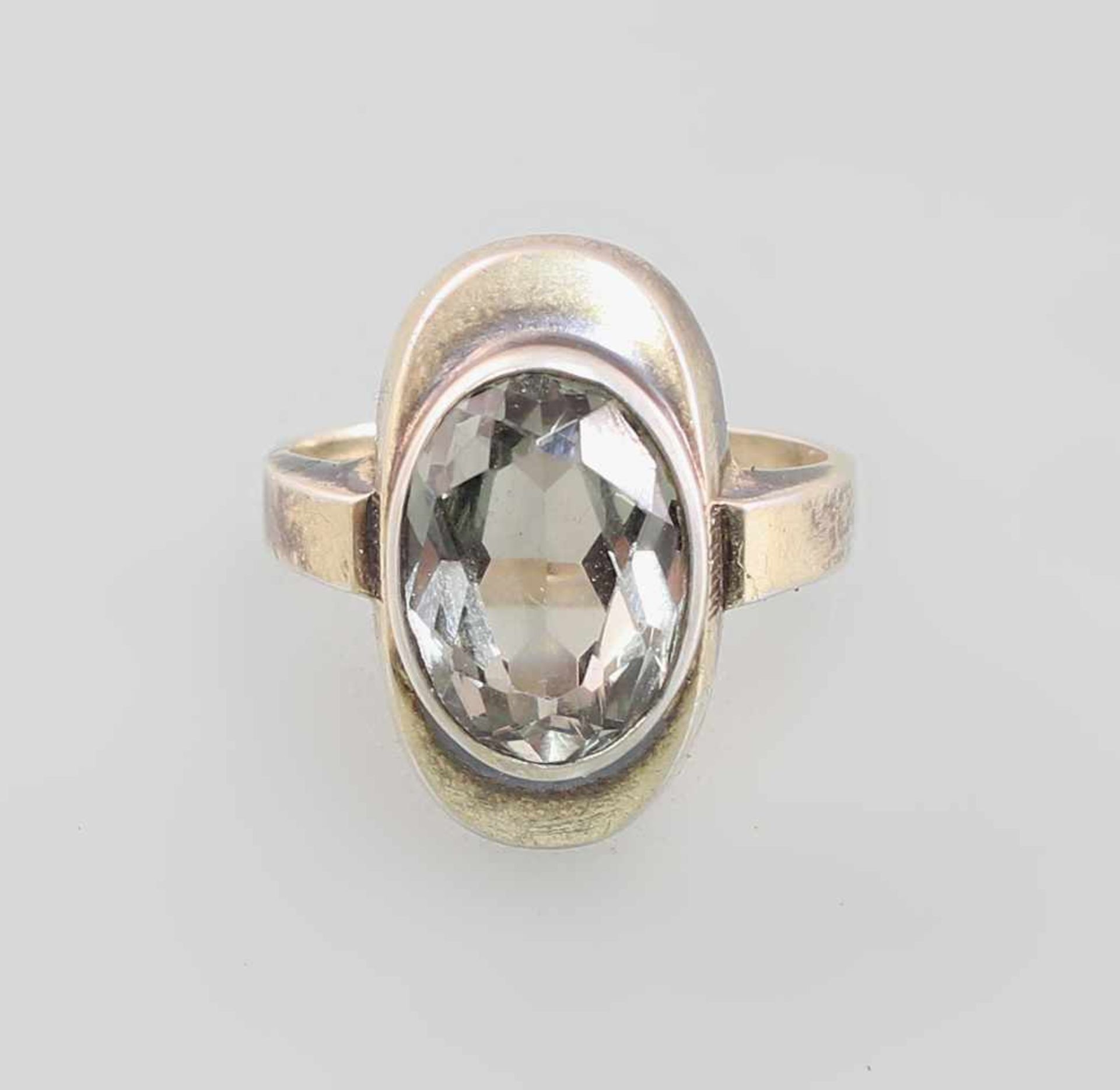 Citrin-Ring835er Silber, vergoldet, länglich-ovaler Design-Ringkopf mit oval-facettiertem, - Bild 2 aus 4