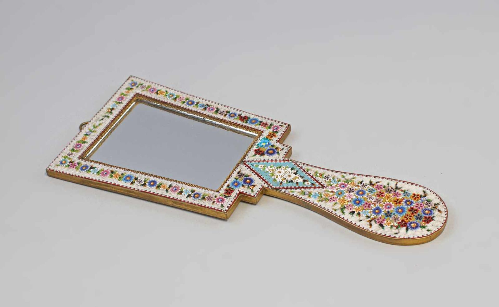 Spiegel Murano Millefiorialt, Metallkorpus, aufwendig gearbeitetes Blumendekor als farbiges