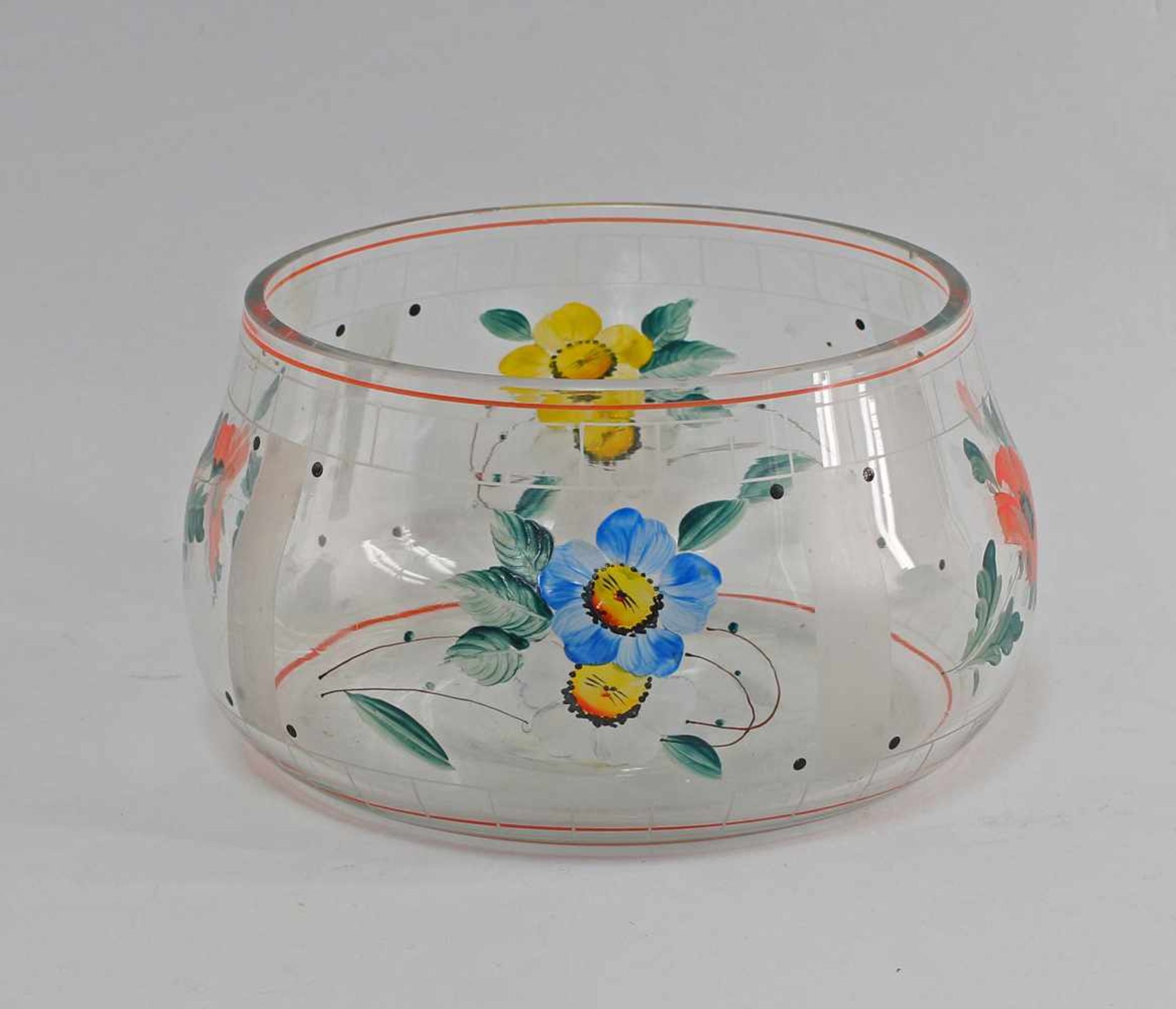 Bamalte Schale 40/60er Jahre, farbloses Glas formgeblasen, farbig bemalt mit Blumendekor, am - Bild 3 aus 3