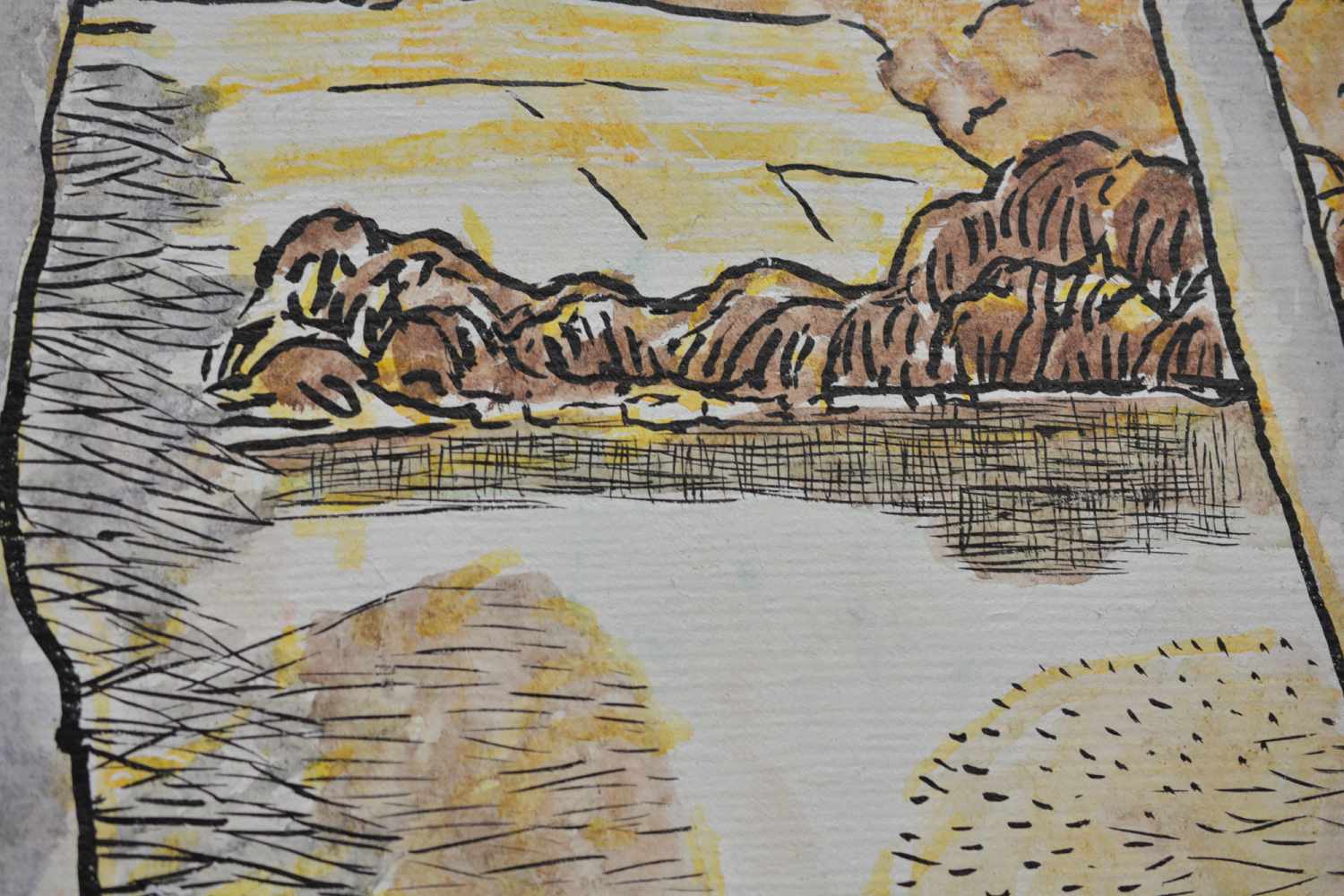 Walter Booz (1907 Essen - 2004 ebenda)Landschaft mit See, Mischtechnik auf grober Leinwand, 90 cm - Image 3 of 3
