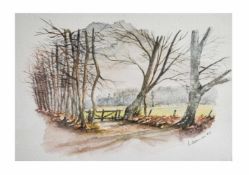 Werner (20. Jh., Deutschland)Waldweg, Aquarell auf Papier, 23 cm x 31 cm Passepartoutinnenmaß, unten