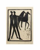 Leonore Gerber-Sporleder (1912 Herne - 2006 Meerbusch)2 Männer mit 2 Pferden, Holzschnitt auf