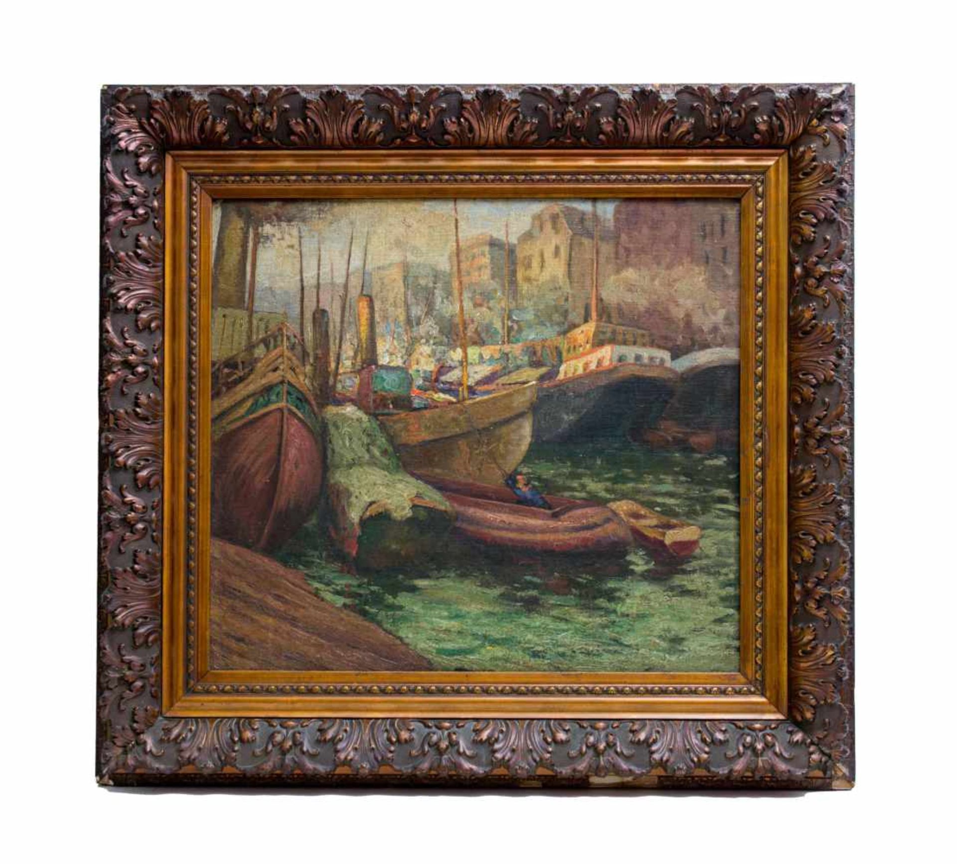 Unbekannter Künstler (20. Jh.)Hafenszene, Öl auf Leinwand auf Platte, doubliert, 64 cm x 73 cm, - Bild 2 aus 3
