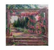 Anna Beyer (1867 Alzey - 1922 Darmstadt)Rosenpergola, Öl auf Leinwand, 90 cm x 91,5 cm, rückseitig