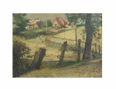 Ewald Jorzig (1905 Dortmund - 1983 Düsseldorf)Landschaft bei Ratingen, Öl auf Platte, 36,5 cm x 46,5