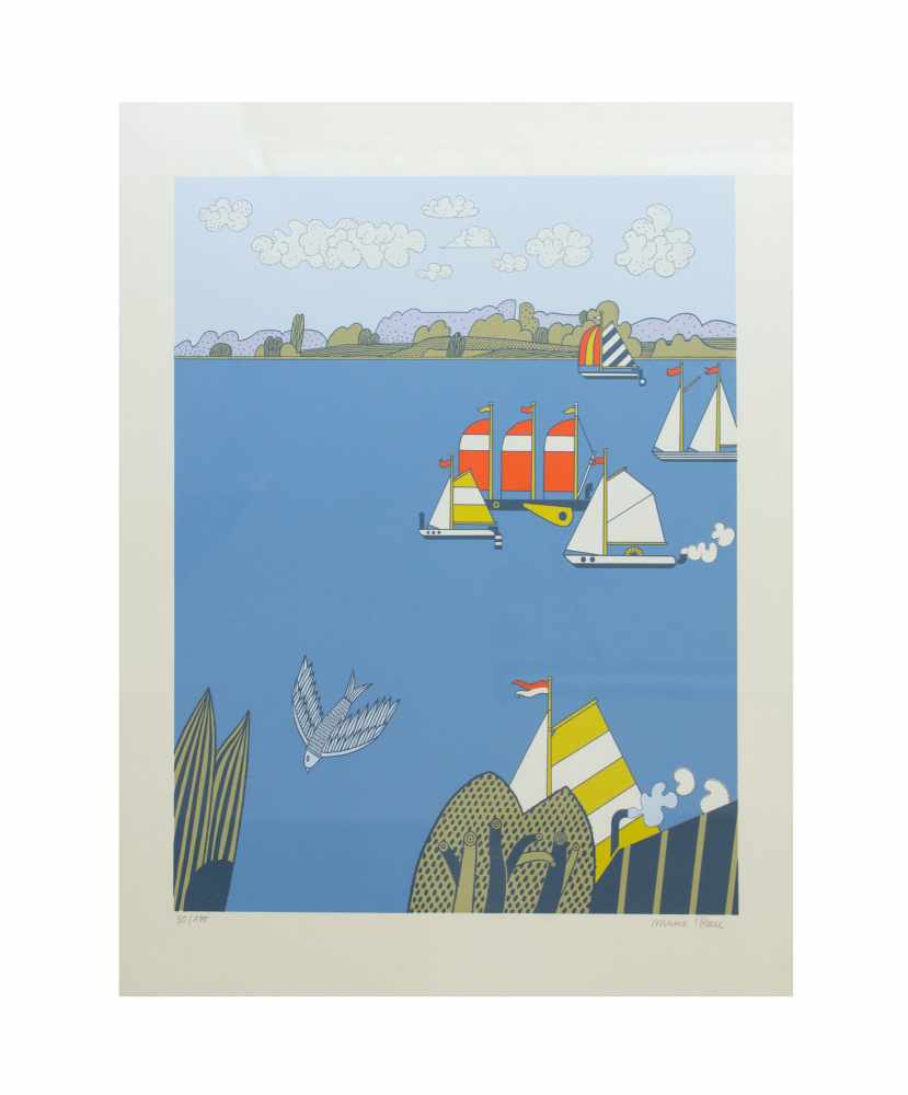 Maria Reese (1942 Eckernförde)Segelboote an der Küste, Farbserigrafie auf Papier, 64,5 cm x 49 cm