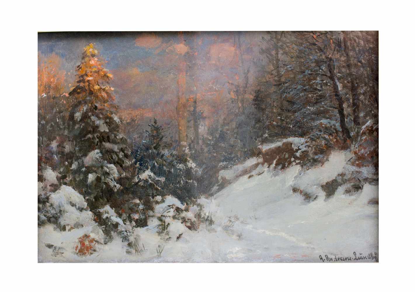 Anders Andersen-Lundby (1841 Lundby - 1923 München)Winterlandschaft, Öl auf Platte, 22 cm x 32 cm,