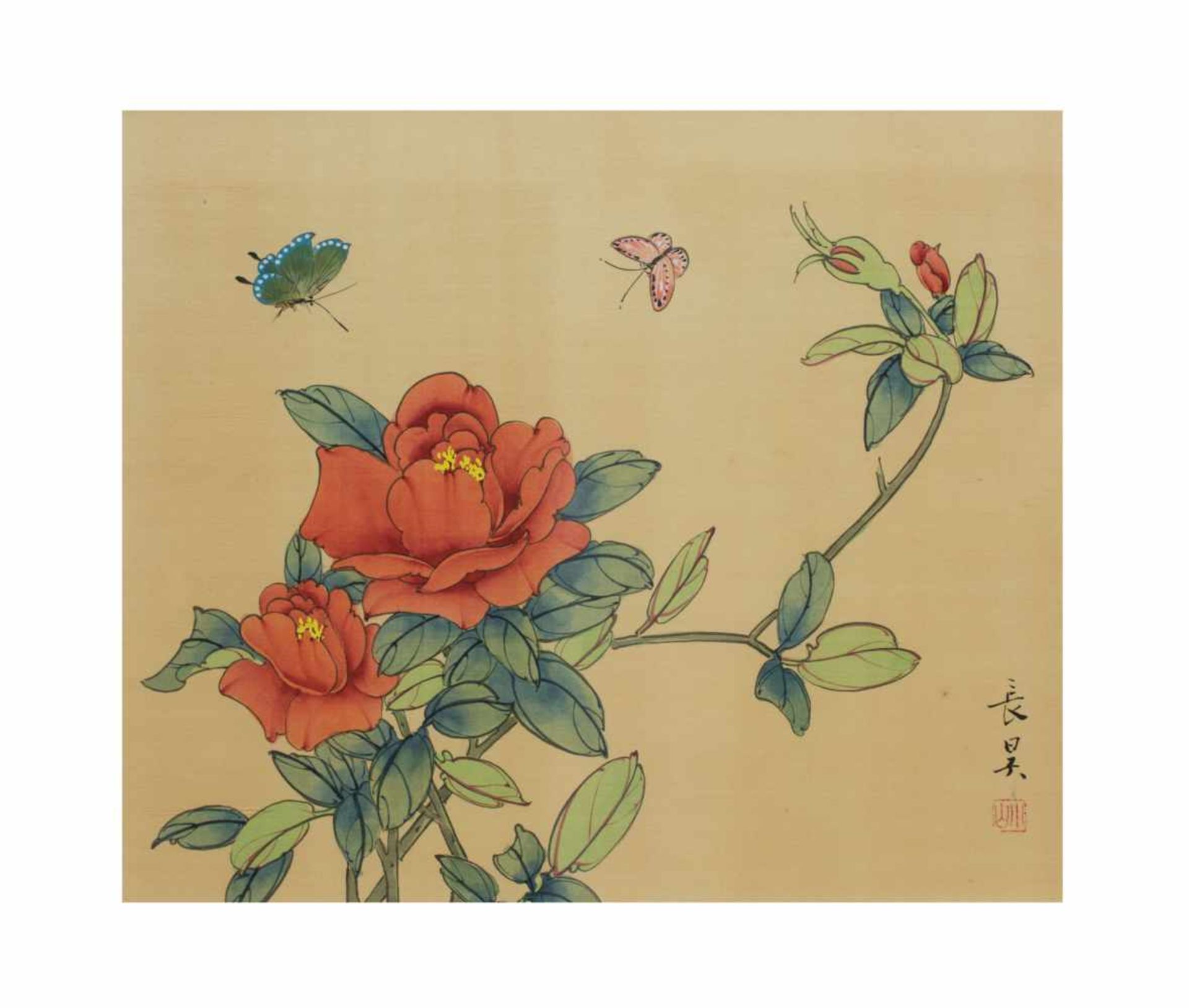 Changhao (20. Jh., China)Blumen mit Schmetterlingen, Malerei auf Seide, Passepartoutinnenmaß 24,5 cm