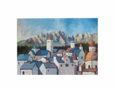 Unbekannter Künstler (20. Jh.)Stadt vor Berglandschaft, Öl auf Platte, Sichtmaß 29,5 cm x 38,5 cm,