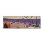 Unbekannter Künstler (20. Jh.)Segelboote am Strand, Acryl auf Platte, 29,5 cm x 75 cm, unten