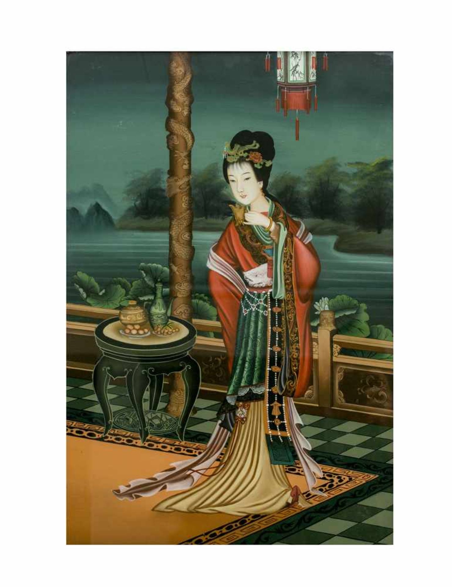 Unbekannter Künstler (frühes 20. Jh., China)Dame beim Teetrinken, Hinterglasmalerei Rahmenmaß 70