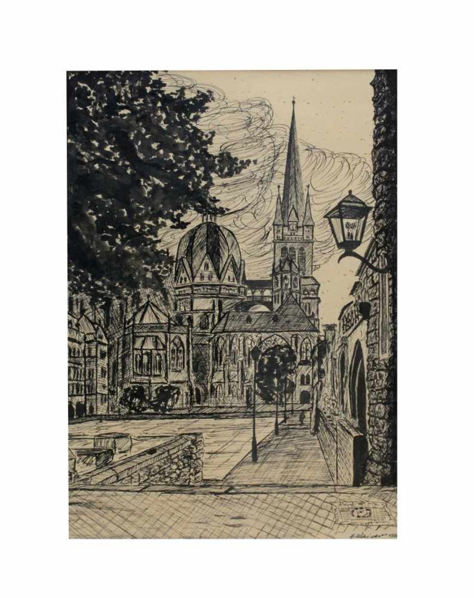H. Kaiser (20. Jh., Deutschland)Straßenszene mit Kirche, Tusche auf Papier, 28,5 cm x 20 cm