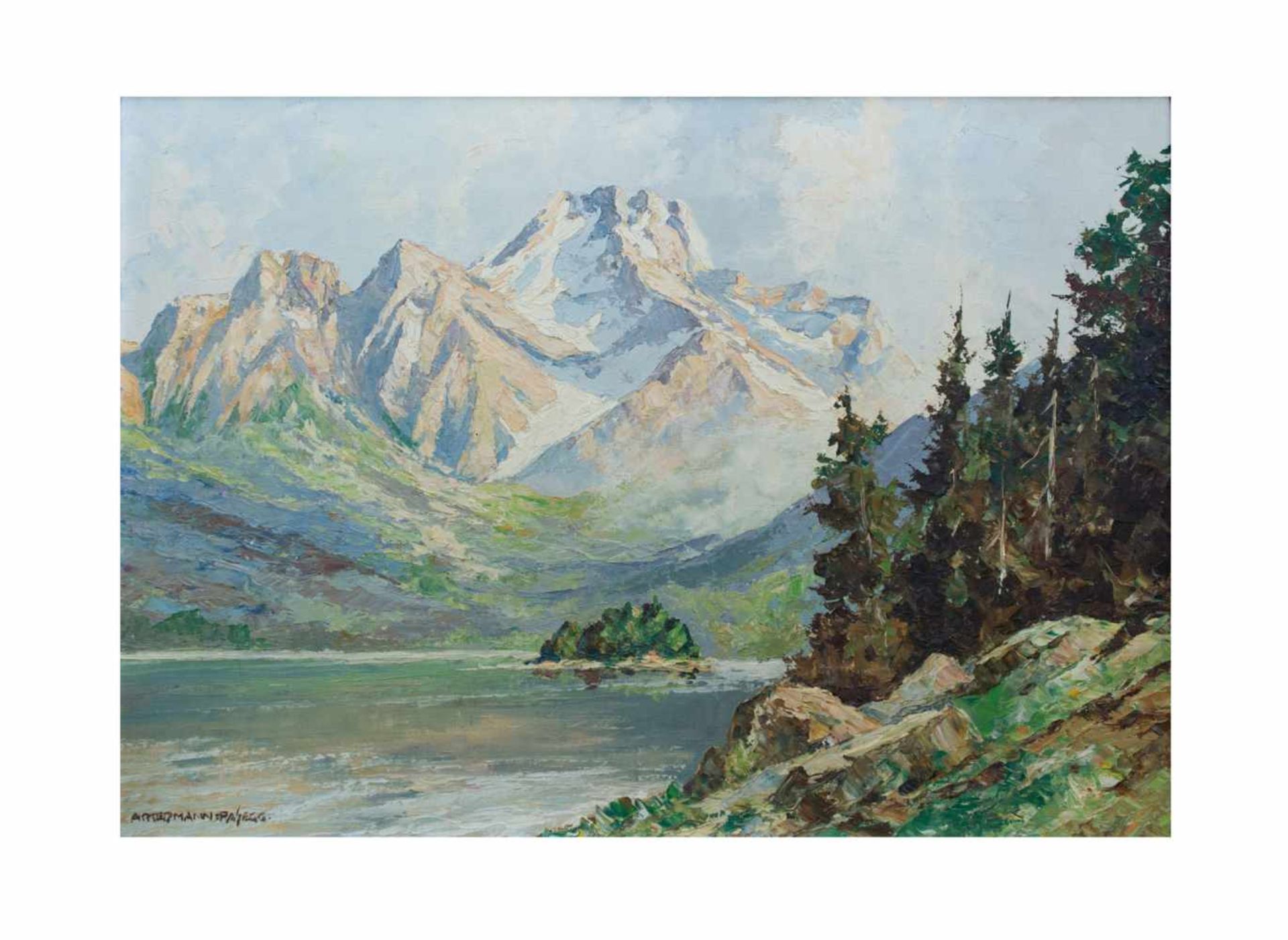 Otto Ackermann-Pasegg (1882 Berlin - 1959 Düsseldorf)Berglandschaft mit See, Öl auf Leinwand, 50