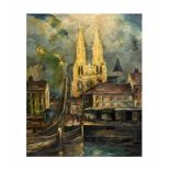 Unbekannter Künstler (20. Jh.)Stadtansicht mit Hafen und Kirche, Öl auf Leinwand, 80,5 cm x 65,5 cm,