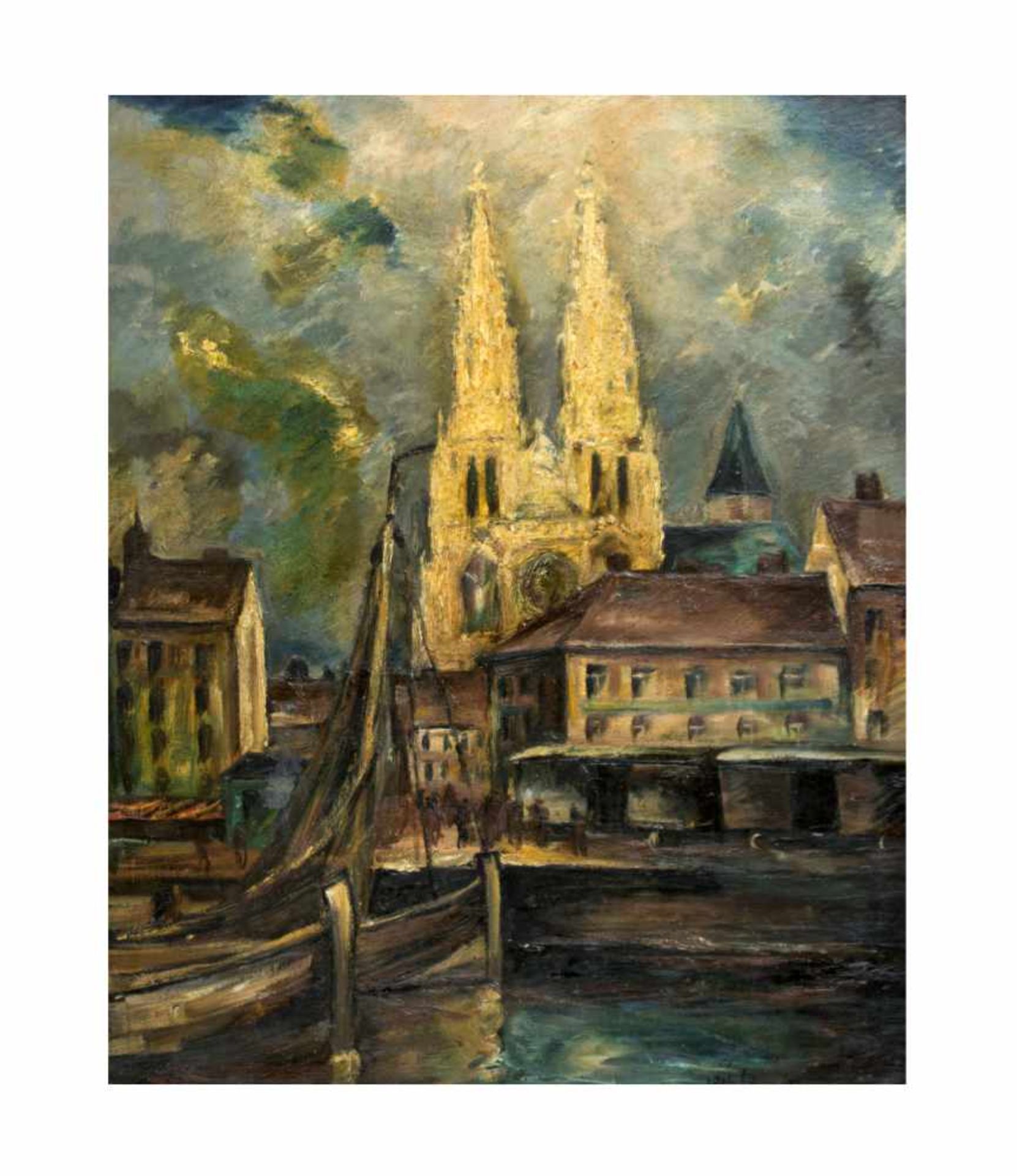 Unbekannter Künstler (20. Jh.)Stadtansicht mit Hafen und Kirche, Öl auf Leinwand, 80,5 cm x 65,5 cm,