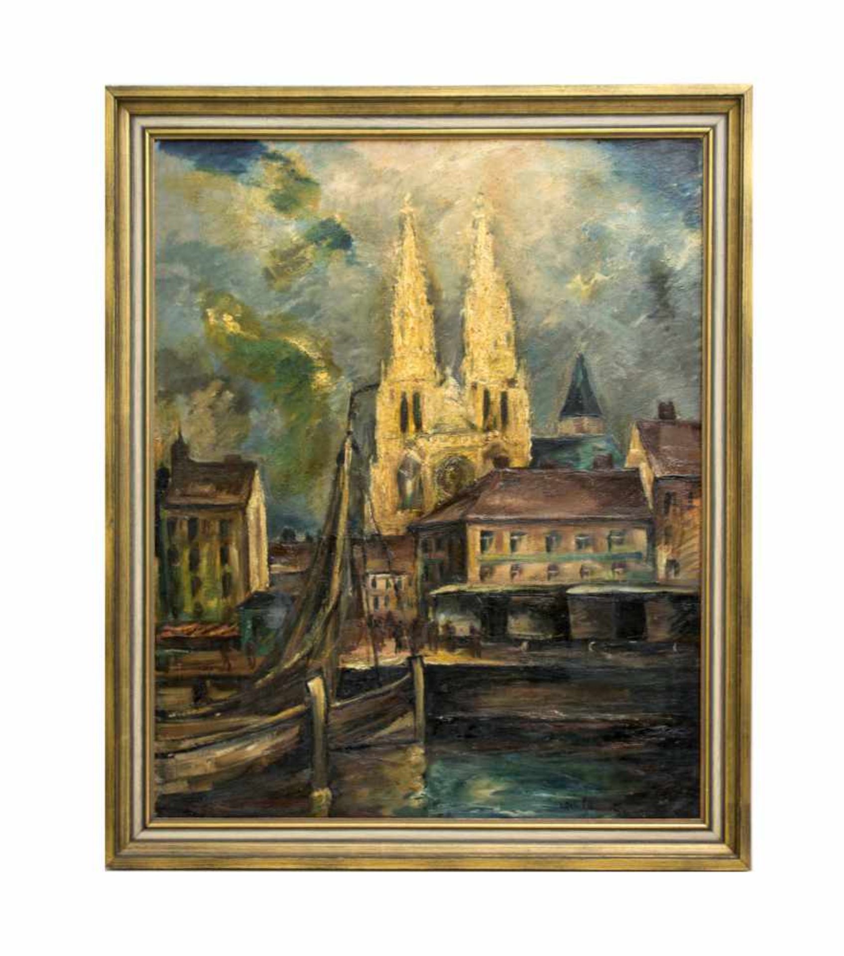 Unbekannter Künstler (20. Jh.)Stadtansicht mit Hafen und Kirche, Öl auf Leinwand, 80,5 cm x 65,5 cm, - Bild 2 aus 3