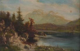 Theodor Gruber (1865 - 1928, Deutschland)Landschaft mit See und Gebirge im Hintergrund, Öl auf