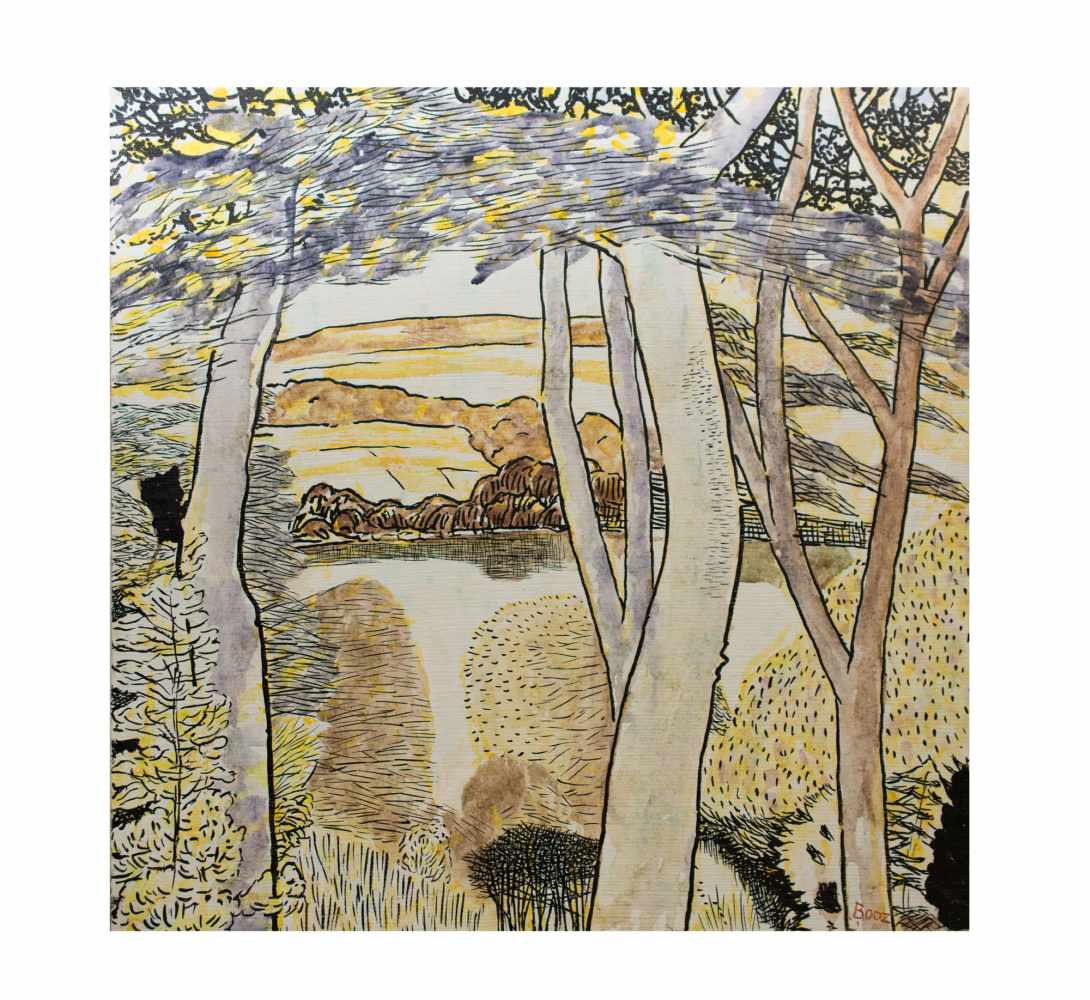 Walter Booz (1907 Essen - 2004 ebenda)Landschaft mit See, Mischtechnik auf grober Leinwand, 90 cm