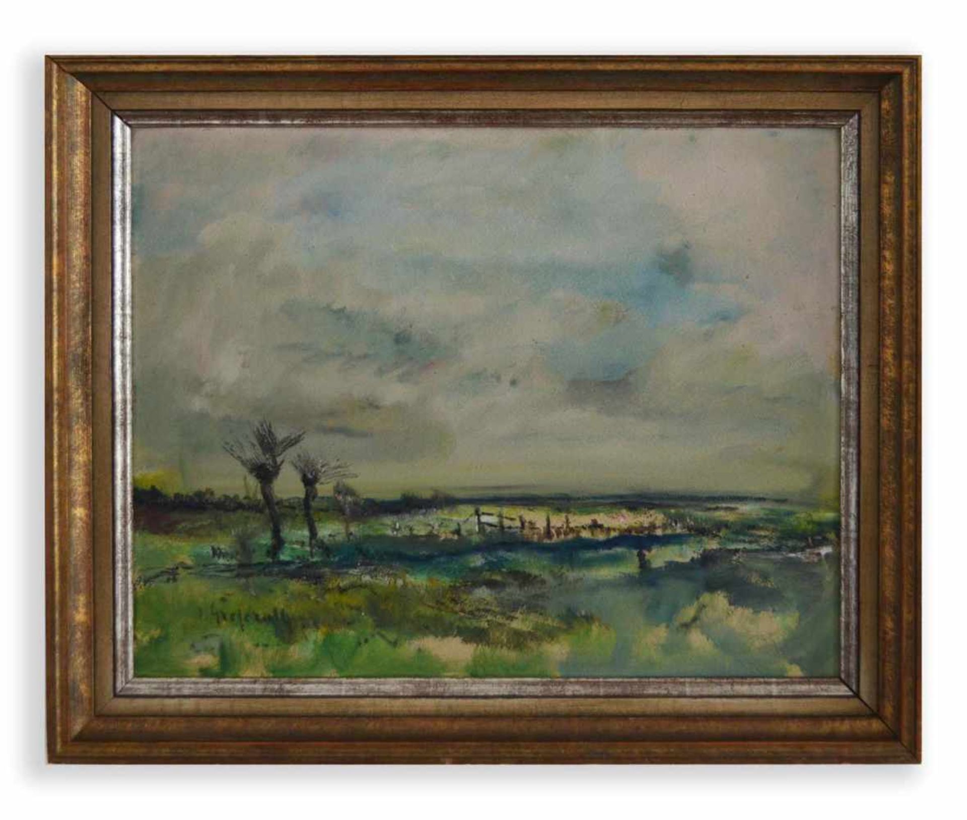 Johannes Greferath (1872 Schlesien - 1946 Köln)Uferlandschaft, Öl auf Platte, 60 cm x 74 cm, unten - Bild 2 aus 2