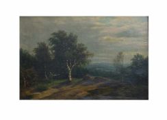 Unbekannter Künstler (19. Jh., Deutschland)Baumlandschaft mit Figur, Öl auf Leinwand, 28,5 cm x 42,5