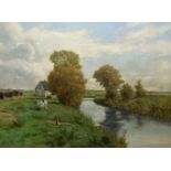 Otto Dinger (1860 Düsseldorf - 1928 Berlin)Landschaft mit Fluss, Öl auf Leinwand, 32,3 cm x 44,2 cm,