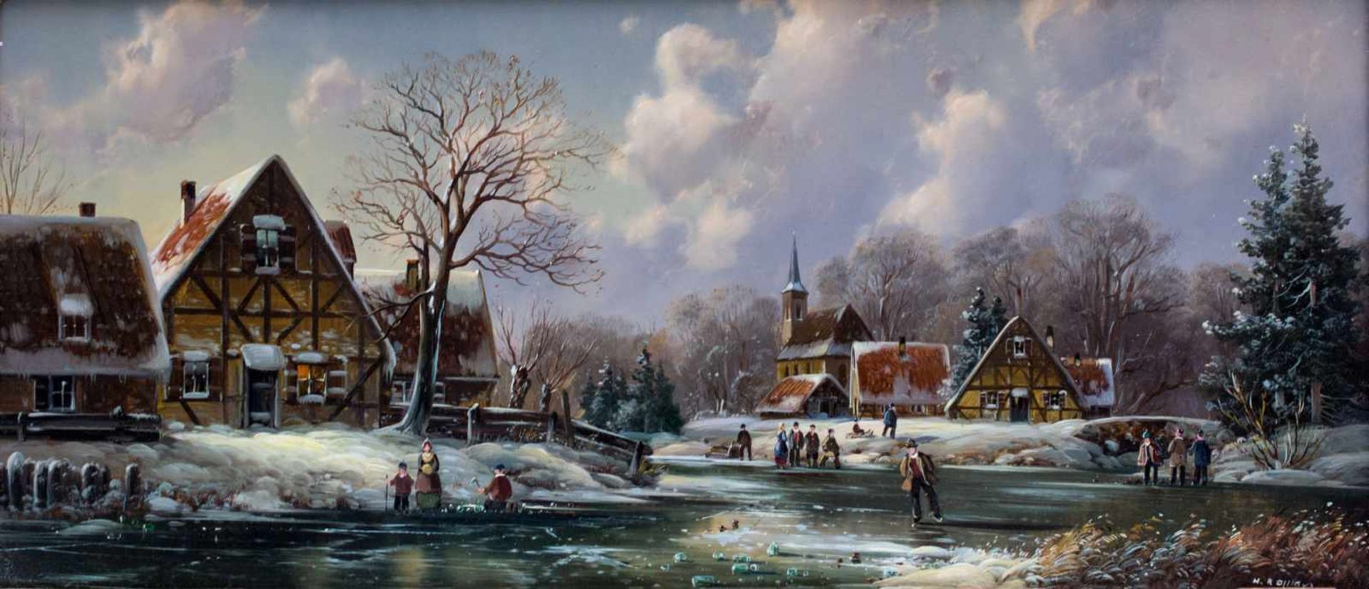 Hubert Kaplan (1940 München) (F)Winterliche Dorfansicht, Öl auf Platte, 18 cm x 40 cm, unten