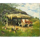 Adolf Lins (1856 Kassel - 1927 Düsseldorf)Bauernhofidylle mit Kühen und Hühnern, Öl auf Leinwand,