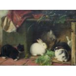 Thomas William Earl (act. 1836-1885, England)3 Hasen mit lauernder Katze, Öl auf Leinwand,