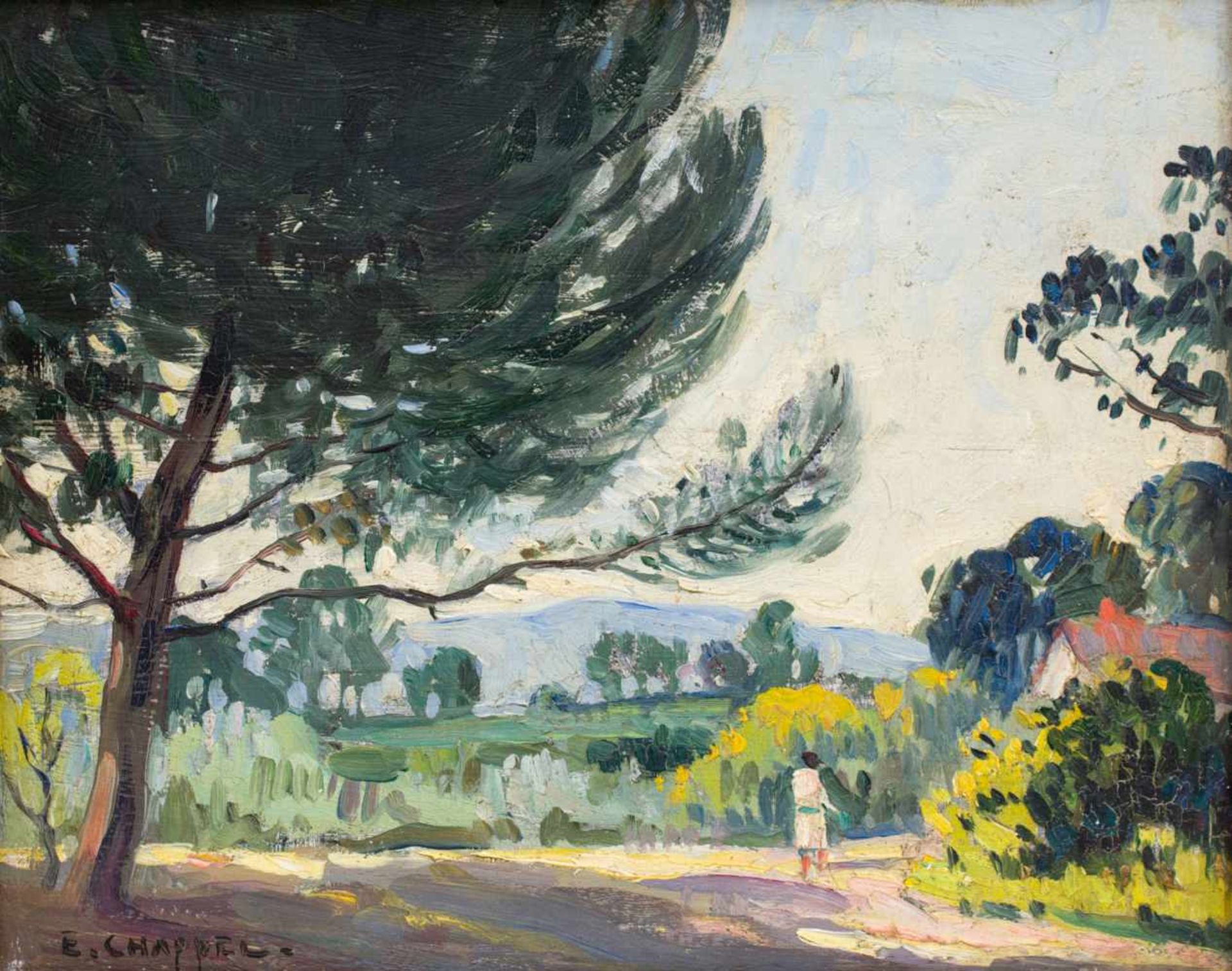 Edward Chappel (1859 Antwerpen - 1946 Cannes)Landschaft mit Spaziergänger, Öl auf Holz, 22 cm x 27