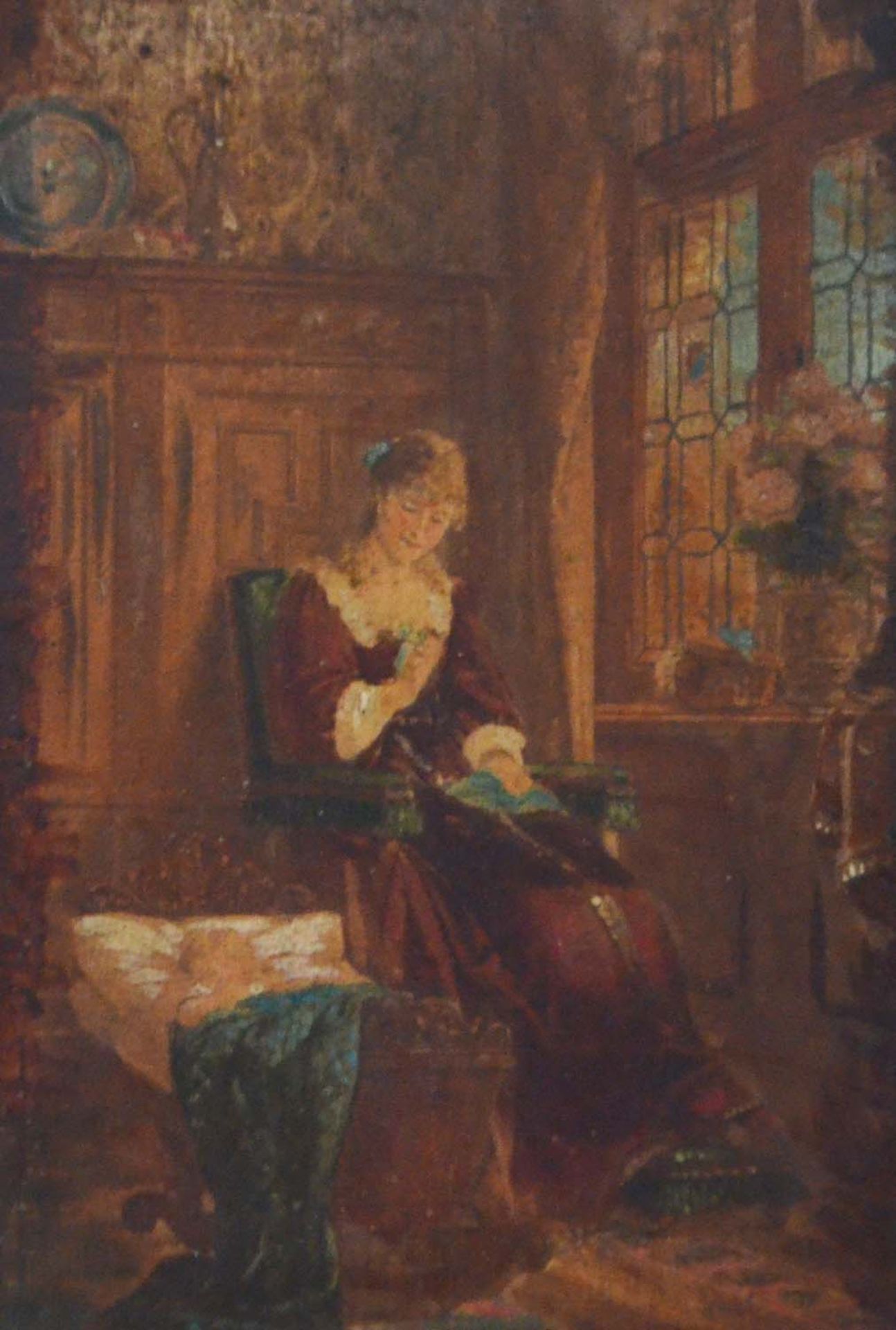 Ernst Anders (1845 Magdeburg - 1911 Mölln)Mutter an der Wiege, Öl auf Papier auf Holz, 14,5 cm x 9,5