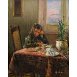 Ugo de Cesare (1950, Italien)Mädchen am Tisch, Öl auf Leinwand, 50 cm x 40 cm, rückseitig und