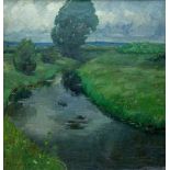 Hans Brück (1890 - unbekannt, Deutschland)Landschaft mit Fluss, Öl auf Leinwand, 50,5 cm x 50,5