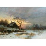 Joseph F. Heydendahl (1844 Düsseldorf - 1906 ebenda)Gehöft in winterlicher Abendlandschaft, Öl auf