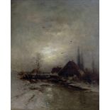Heinz Flockenhaus (1856 Remscheid - 1919 Düsseldorf)Ansicht auf ein Gehöft im Winter, Öl auf Platte,