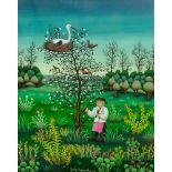 Josip Generalic (1936 Hlebine - 2004 Koprivnica)Der Storch auf dem blühenden Baum, Öl auf Glas, 54,5