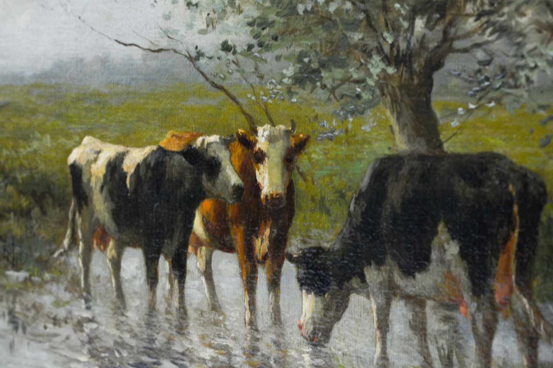 Jozef Gindra (1862 Jemeppe-sur-Meuse - 1938 Bladal)Sommerlandschaft mit Kühen, Öl auf Leinwand, - Bild 5 aus 5