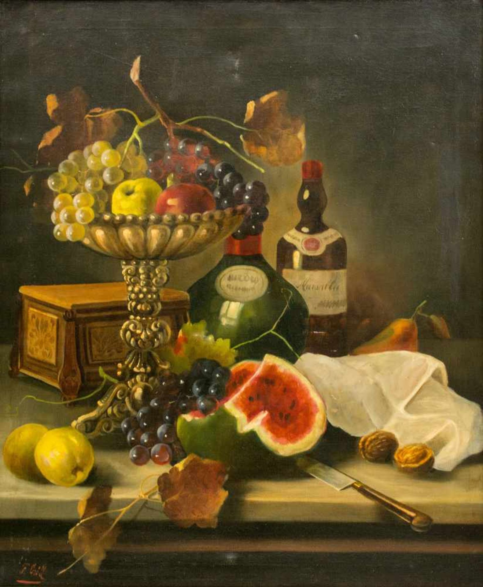 F. Gröll (19. Jh.)Stillleben mit Melone, Öl auf Leinwand, 69 cm x 55,5 cm, unten links in rot