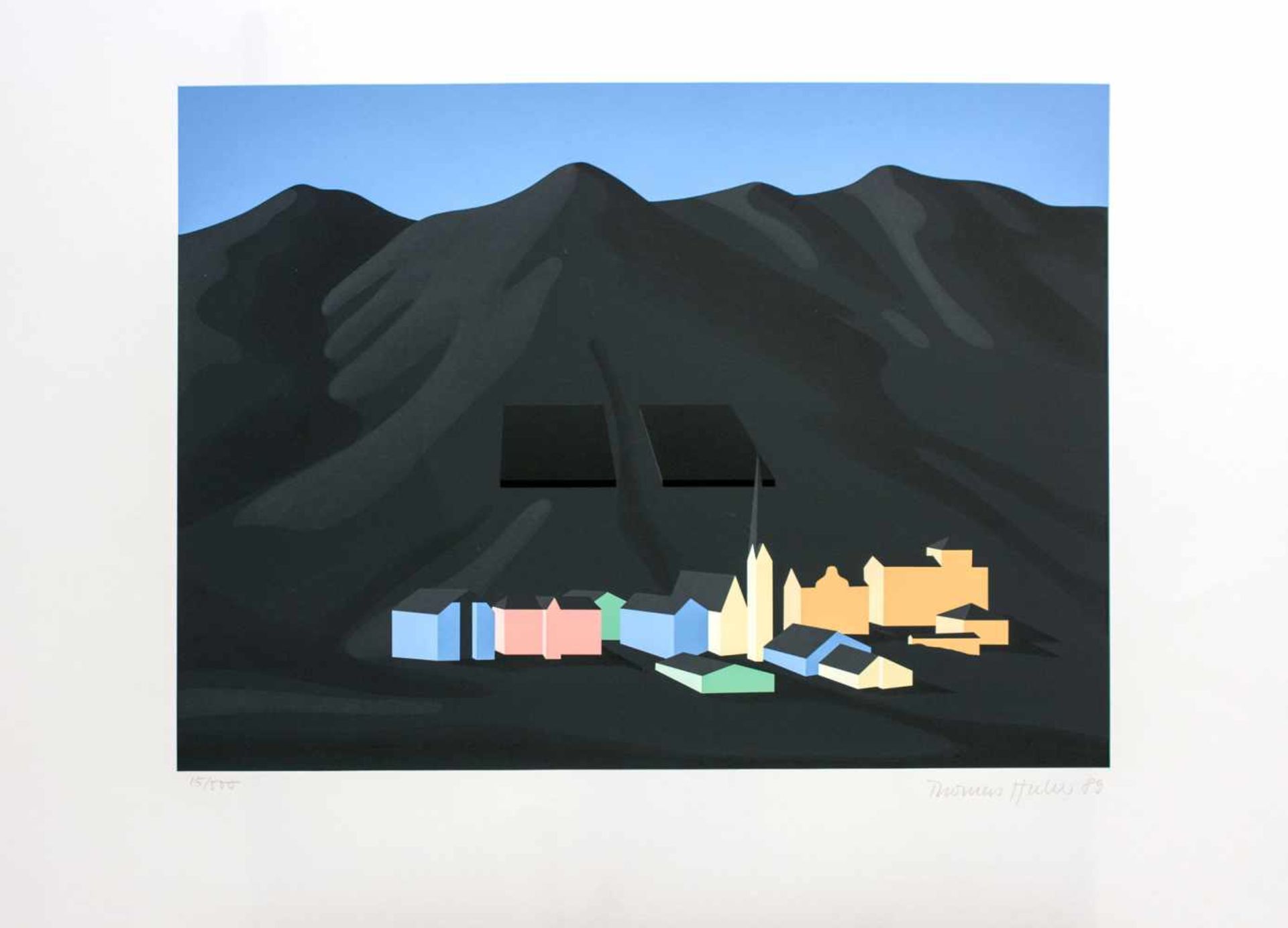 Thomas Huber (1955 Zürich) (F)Stilisiertes Bergdorf, Farbserigrafie auf Papier, 50 cm x 60 cm