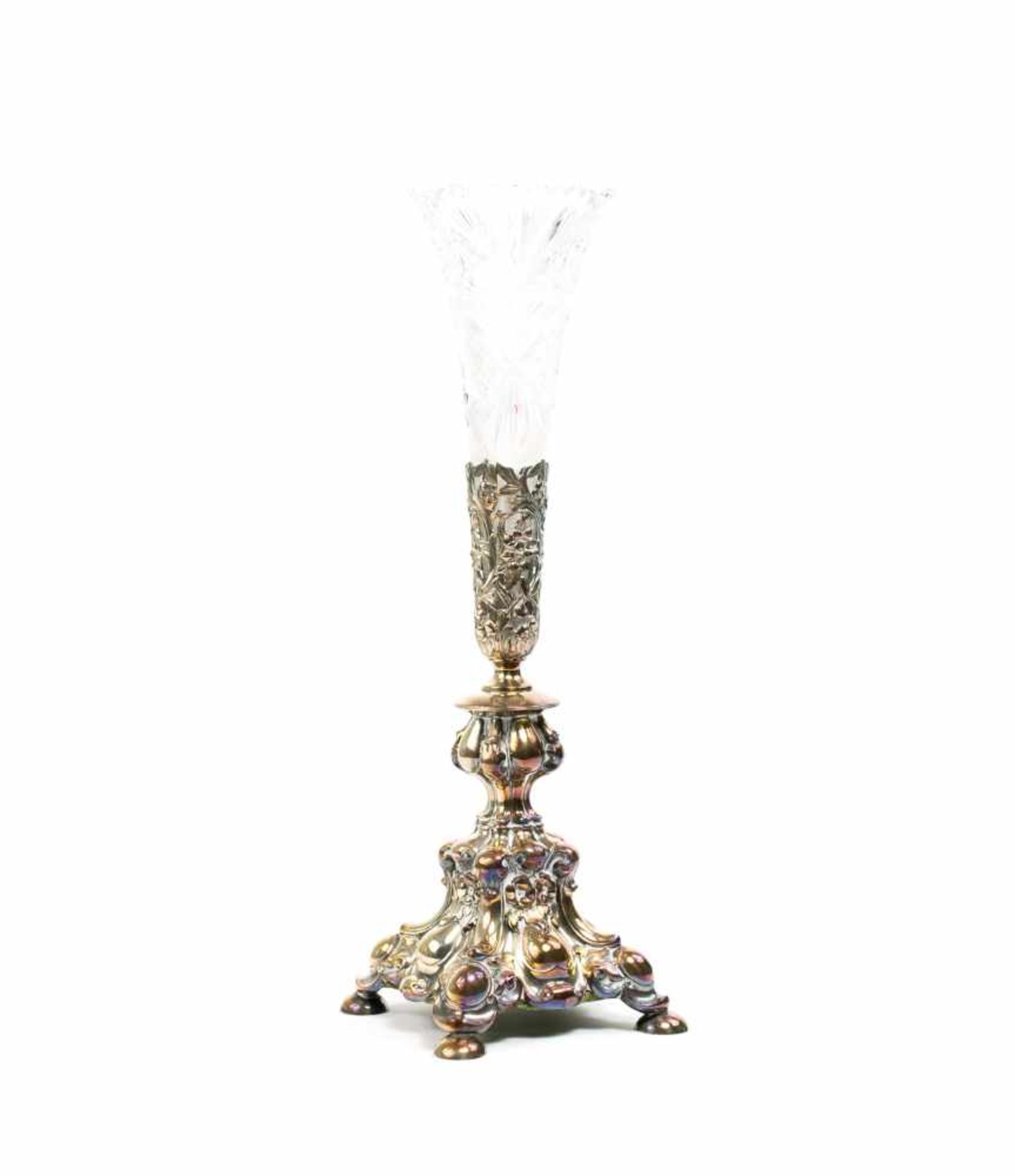 Epergne mit GlaseinsatzUm 1900, Silber, geprüft, oberes Stück Metall, geschliffenes Glas, Höhe 42