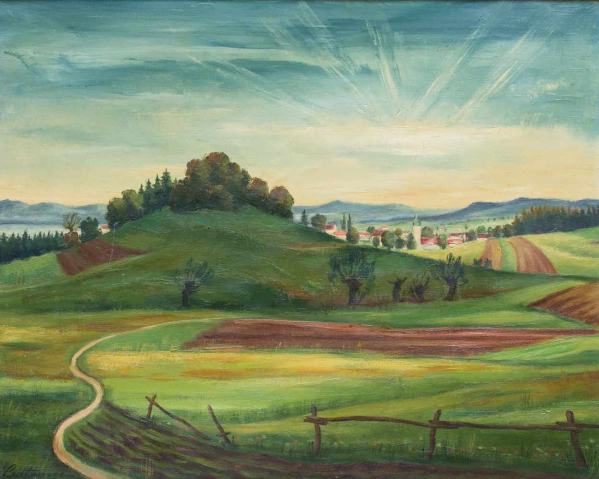 Alfred Leithäuser (1898 Barmen - 1979 Gauting)Blick auf eine weite Landschaft mit Dorf, Öl auf