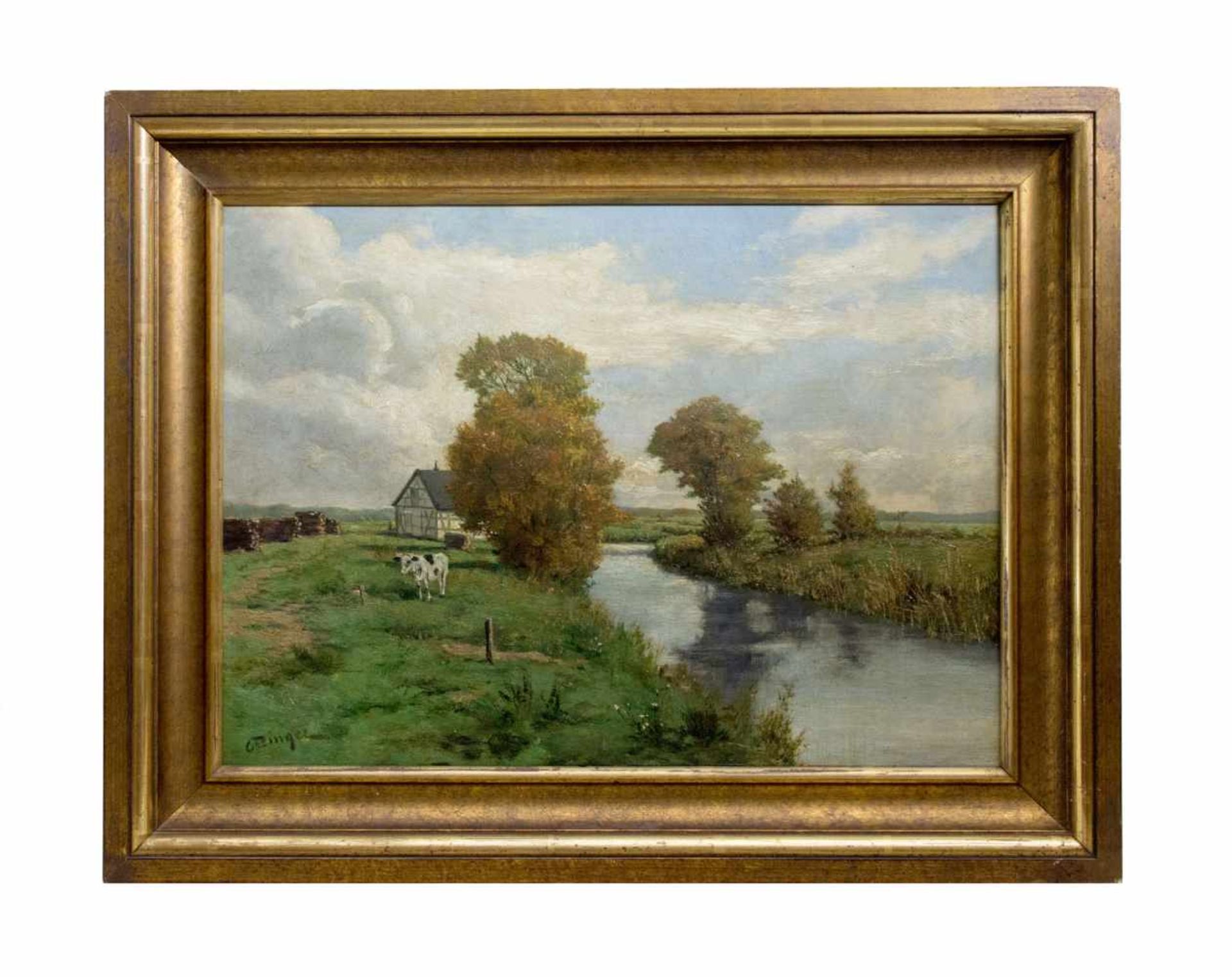 Otto Dinger (1860 Düsseldorf - 1928 Berlin)Landschaft mit Fluss, Öl auf Leinwand, 32,3 cm x 44,2 cm, - Image 2 of 5