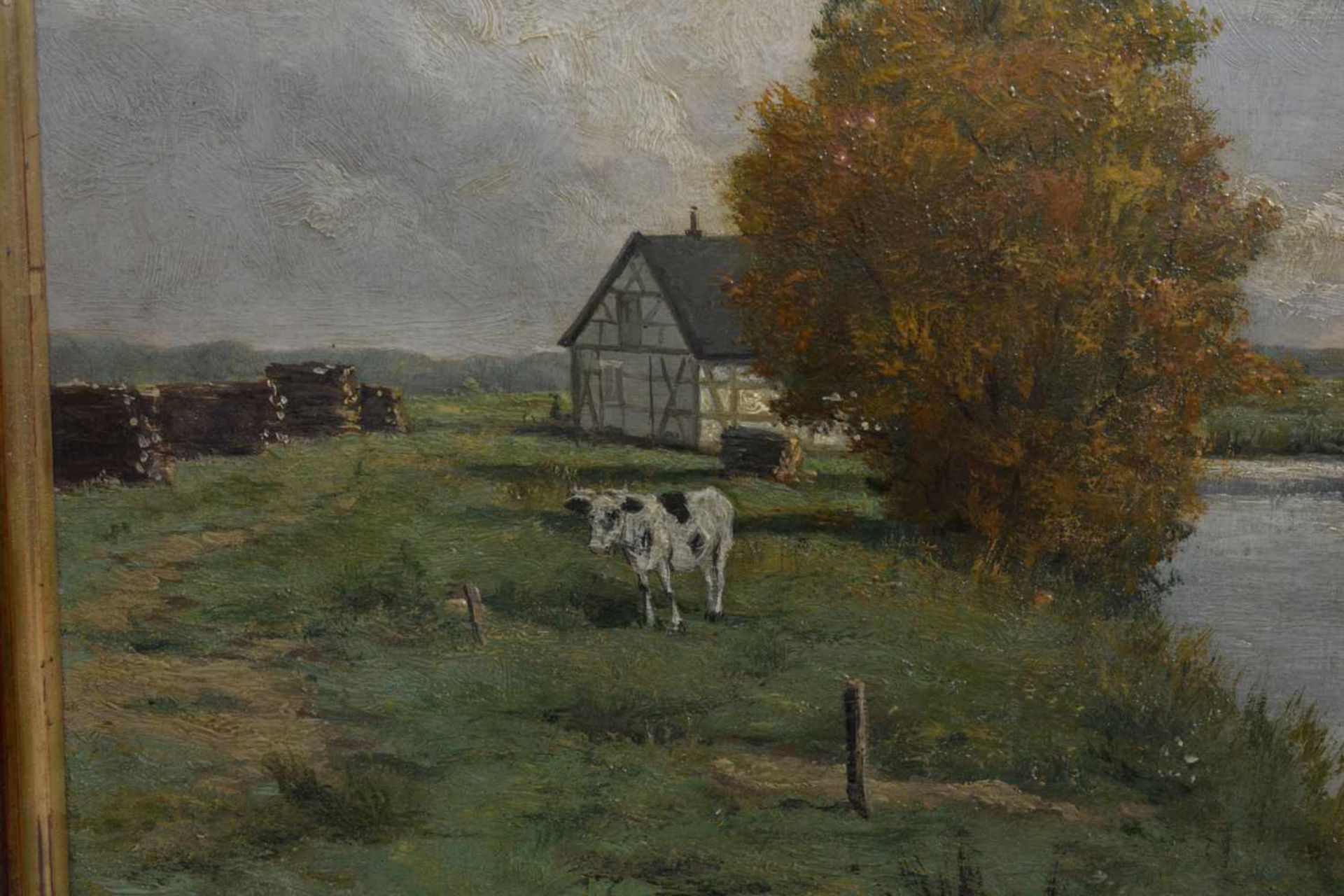Otto Dinger (1860 Düsseldorf - 1928 Berlin)Landschaft mit Fluss, Öl auf Leinwand, 32,3 cm x 44,2 cm, - Image 4 of 5