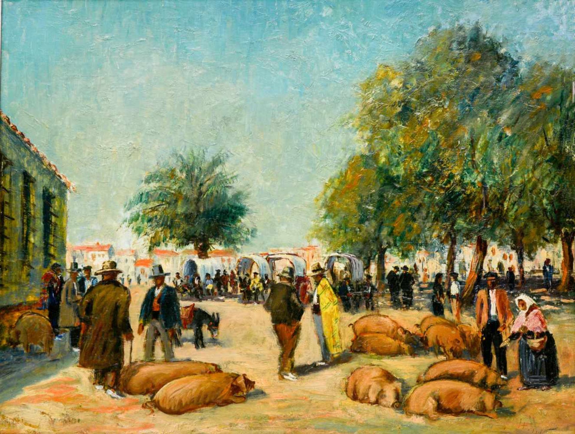 Georg Hartmann (20. Jh., Essen)'Schweinemarkt in Südspanien', Öl auf Platte, 47 cm x 61 cm,