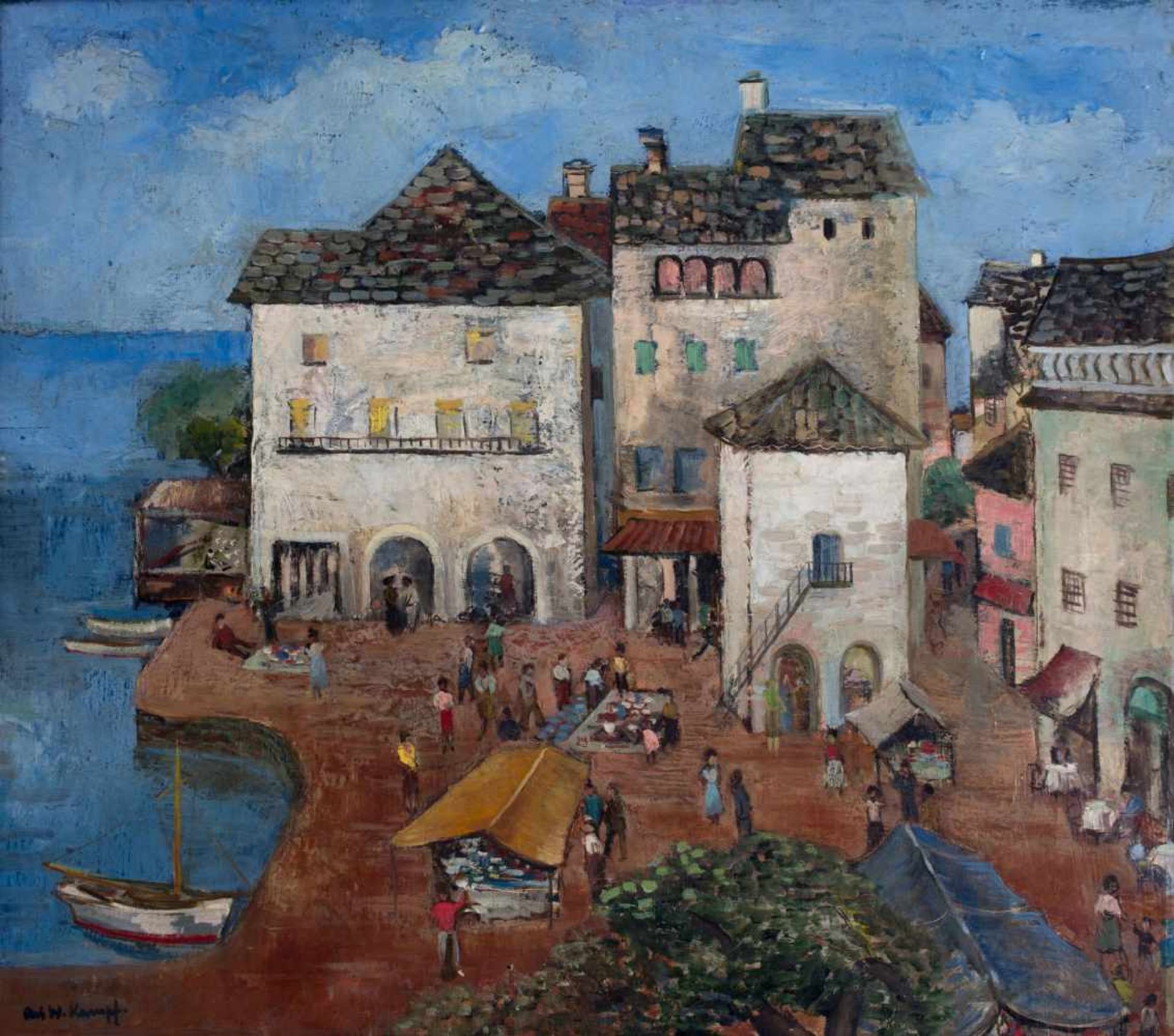 Ari Walter Kampf (1894 - 1955)Mediterrane Küstenstadt, Öl auf Leinwand (rückseitig mit übermaltem