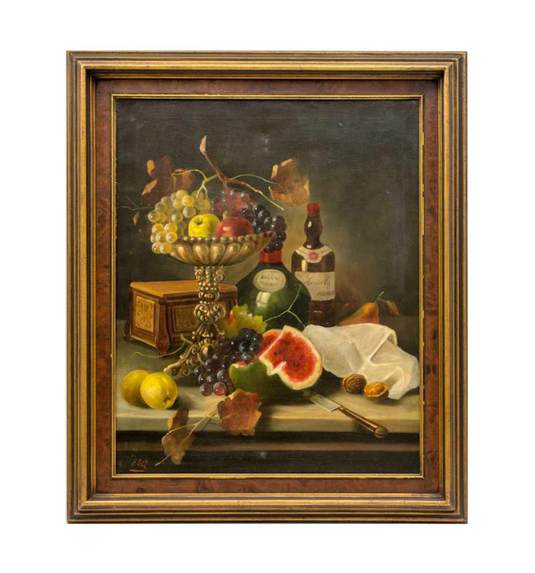 F. Gröll (19. Jh.)Stillleben mit Melone, Öl auf Leinwand, 69 cm x 55,5 cm, unten links in rot - Image 2 of 4