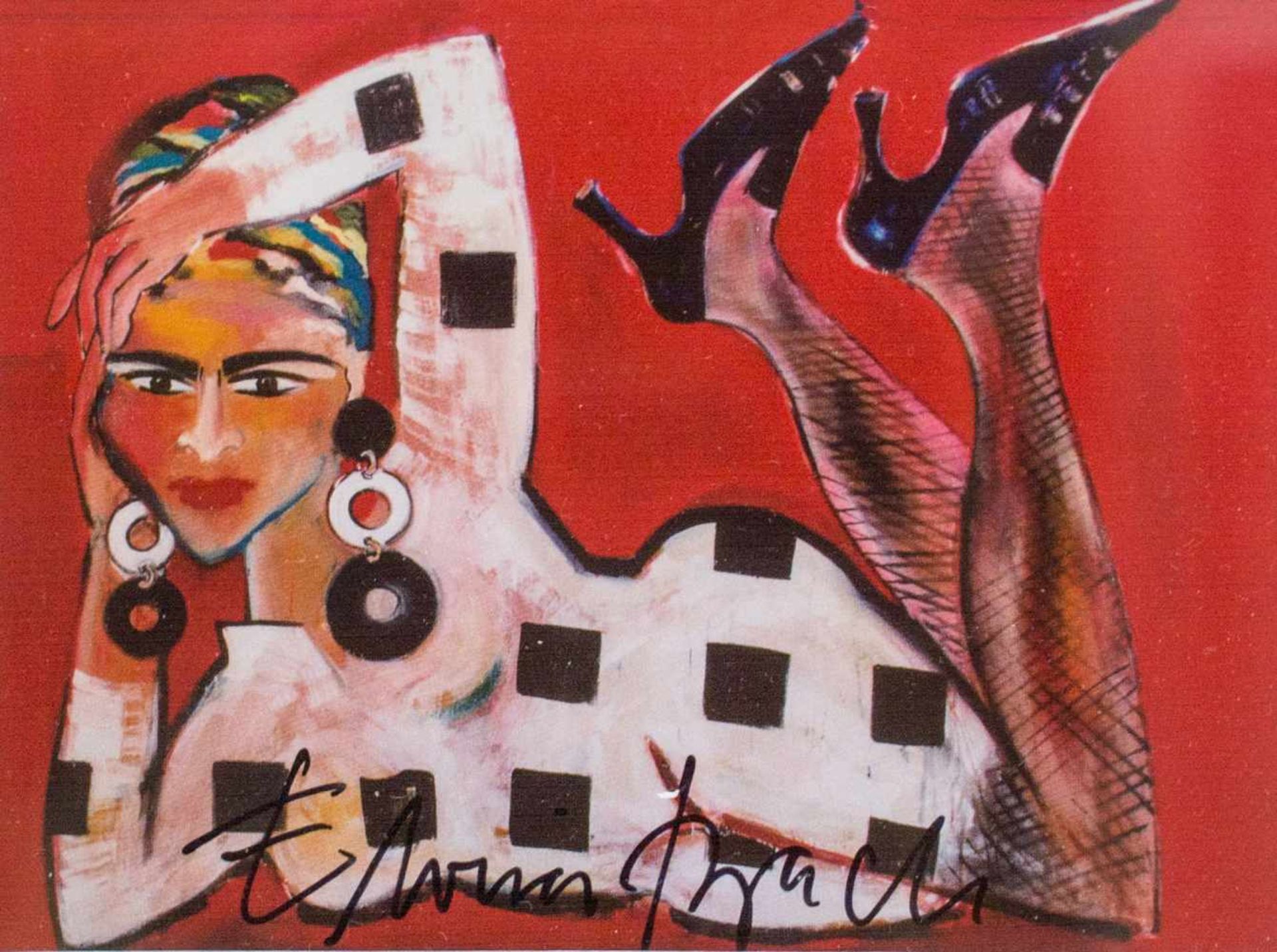 Elvira Bach (1951 Neuenhain) (F)'Frieda ruft Hilfe', Farboffsetdruck auf Papier, 2002, 10,5 cm x