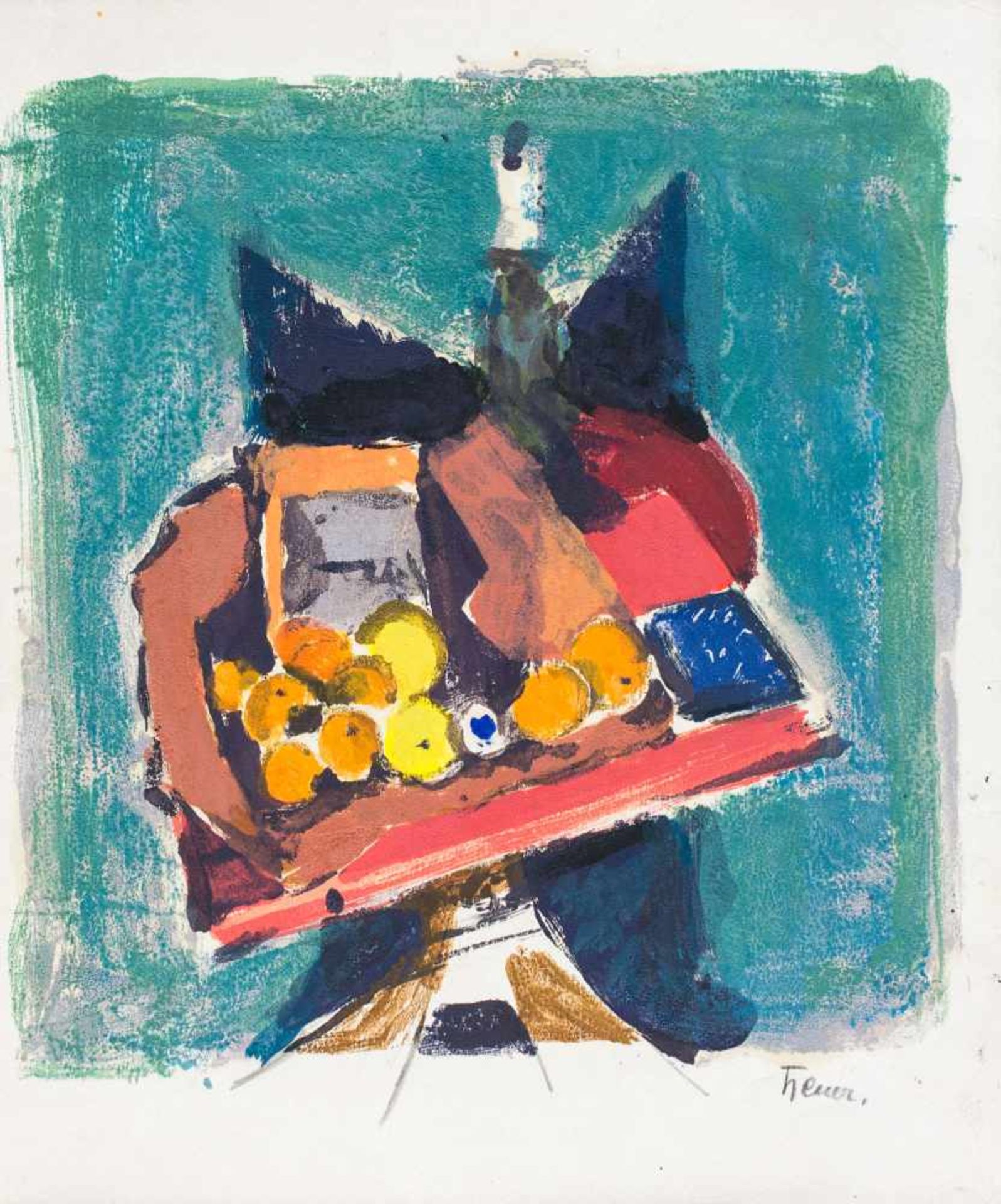 Joachim Heuer (1900 Plauen - 1994 Dresden)Stillleben mit Orangen, Monotypie und Öl, übermalt auf