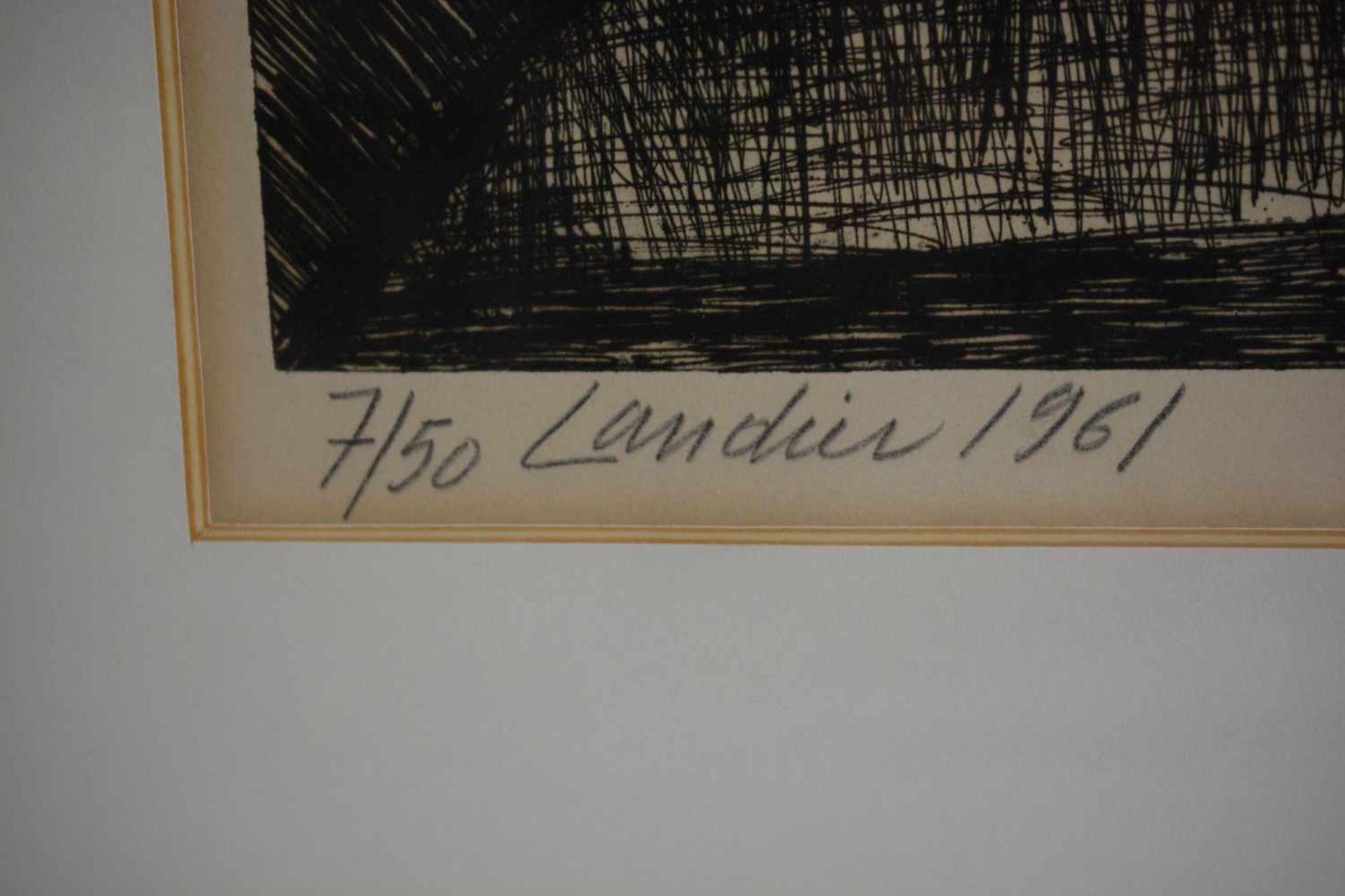 Henri Landier (1935 Paris)Stadtansicht mit Brücke, Stich auf Papier, 1961, 53 cm x 66,6 cm - Bild 2 aus 2