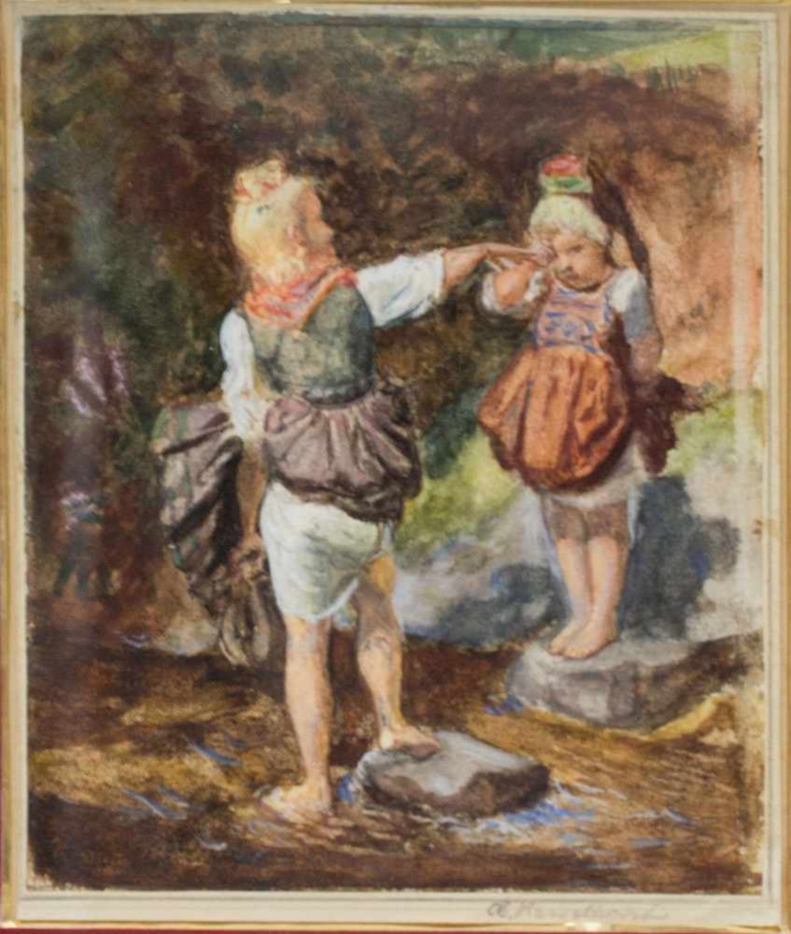 Johann Heinrich Hasselhorst (1825 Frankfurt/Main - 1904 ebenda)Kinder am Fluss, Aquarell und