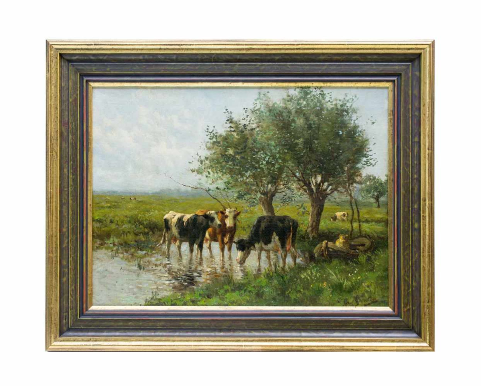 Jozef Gindra (1862 Jemeppe-sur-Meuse - 1938 Bladal)Sommerlandschaft mit Kühen, Öl auf Leinwand, - Bild 2 aus 5